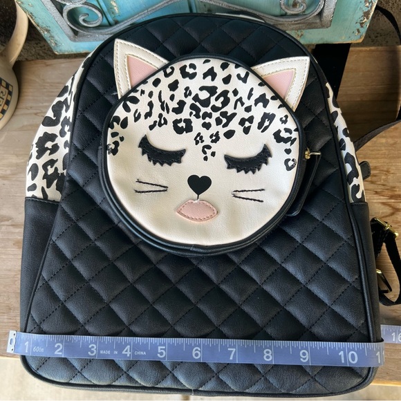 "Luv Betsey" Betsey Johnson Black Cat Mini Backpack Faux Leather Striped Lining - Picture 11 of 11